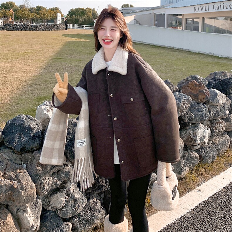 咖色美拉德皮毛一体外套女秋冬2025新款韩版宽松加绒加厚翻领棉服图片