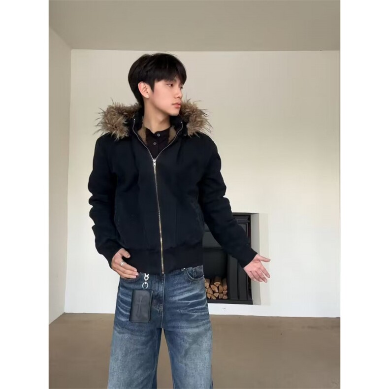网图美式复古座山雕短款连帽毛领棉服外套W1896/特P120,男装棉衣,电商B350