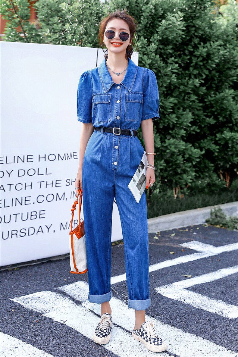 短袖牛仔连体裤女2022夏季新款女装韩版时尚显瘦连衣休闲裤,女装连体裤,慧尚依恋