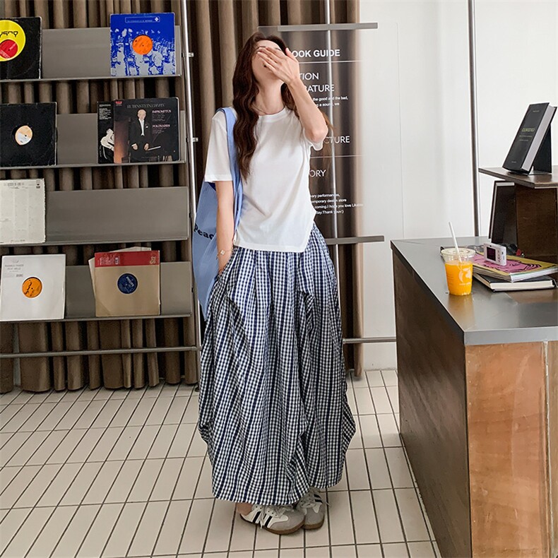 韩系格子半身裙套装女2025夏新款设计感不规则T恤短袖上衣两件套,女装套装/套裙,2C169