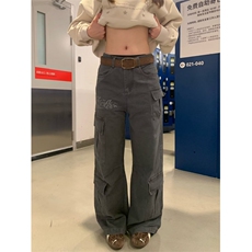 【008】直筒刺绣腰带绳工装牛仔裤情侣阔腿长裤A0798-K012-P64，男装牛仔裤，电商A079