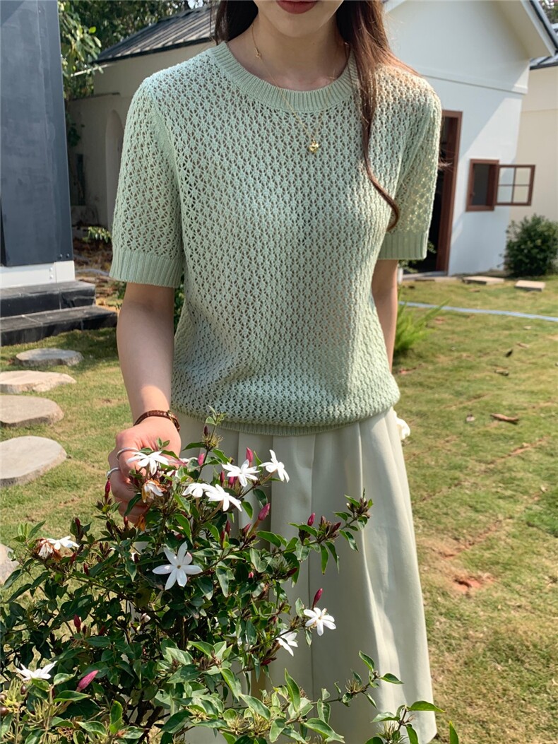 夏季新款短袖t恤女薄款圆领针织宽松百搭半袖上衣,女装T恤,斯尔特羊绒