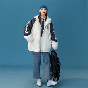 中性韩版校园拼色加厚连帽棉衣棉服 216-2-BK50-P128控158藏青图片