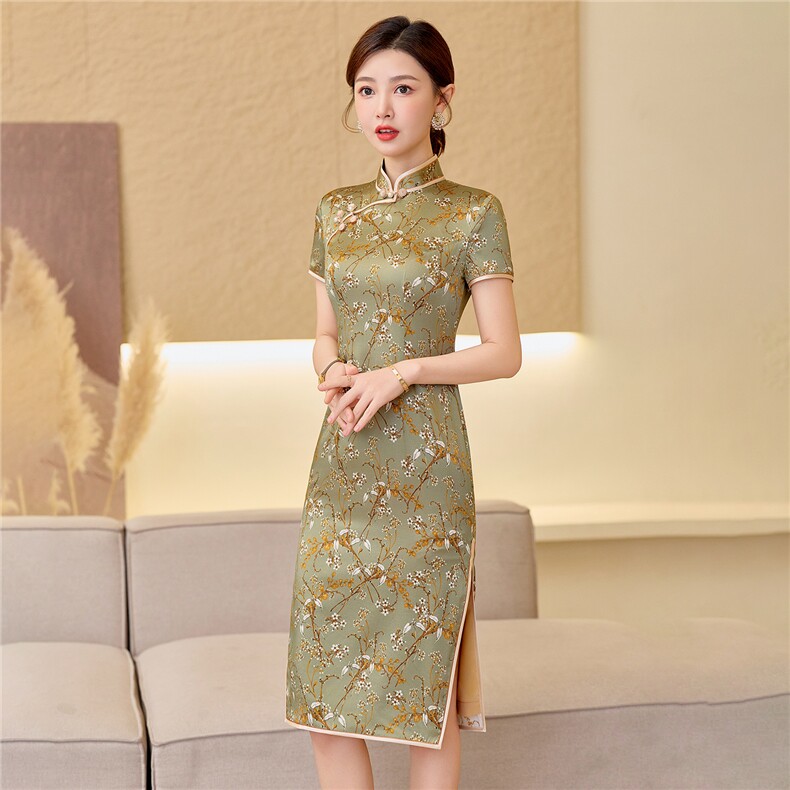 杭州品质真丝中长裙复古印花连衣裙女春夏日常修身潮流真丝旗袍,女装汉服/婚纱/旗袍/礼服,小荷流