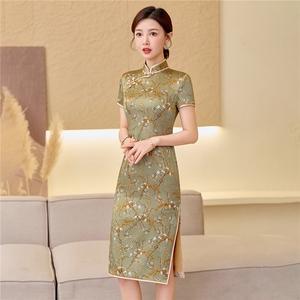 杭州品质真丝中长裙复古印花连衣裙女春夏日常修身潮流真丝旗袍图片