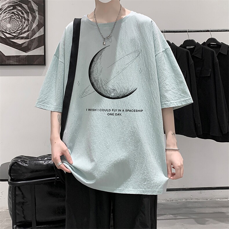 YT26246-P30月球亚短袖t恤男大码五分袖男宽松七分袖港风模特,男装T恤,电商A040