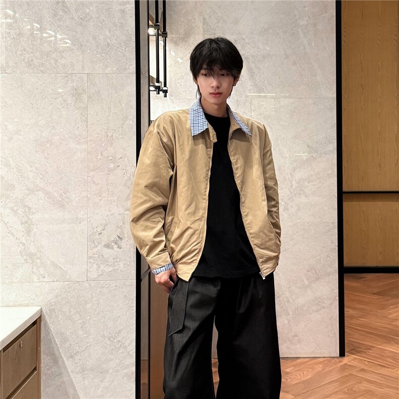 卡其色假两件短款外套男款秋季美式复古千鸟格拼接巴恩风工装夹克,男装夹克,四季星座505