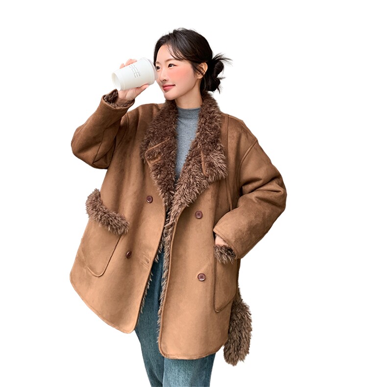 2025冬季韩系女秋冬新款宽松慵皮毛一体休闲洋气厚大衣,女装皮衣,欧黛芙妮