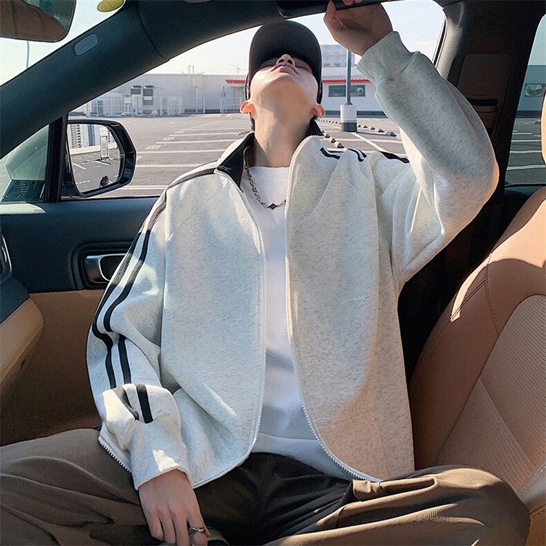 H215条纹开衫卫衣男新款潮牌立领宽松外套ins美式休闲拉链上衣，女装短外套，星座304A