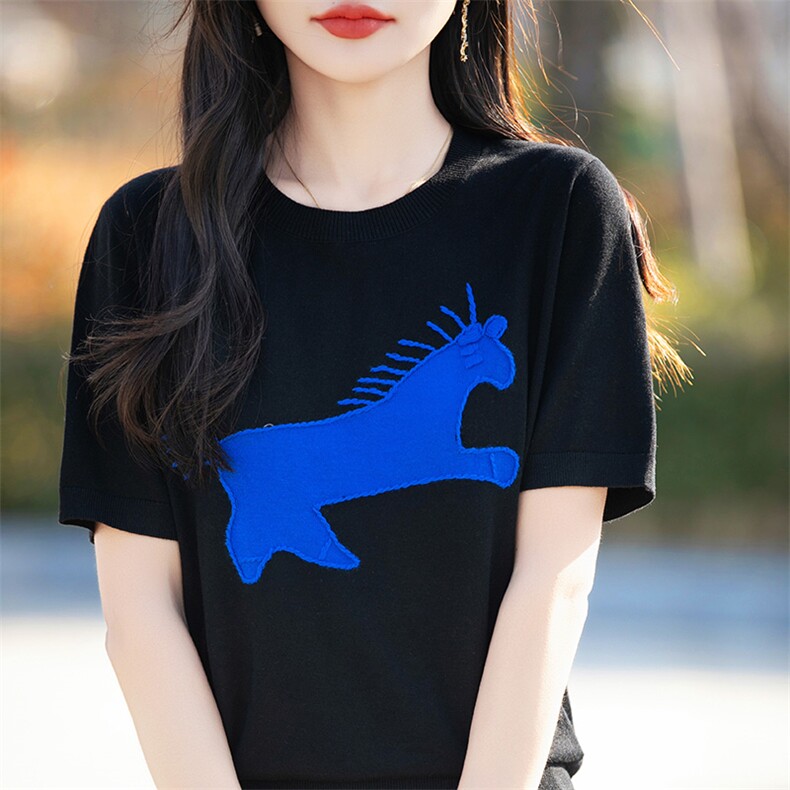 春夏刺绣小马精纺羊毛衫针织短袖T恤女圆领拼色宽松半袖打底上衣,女装T恤,片语羊绒