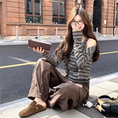 设计感韩版休闲运动套装女春秋美式复古条纹开衫阔腿裤三件套潮，女装套装/套裙，维壹