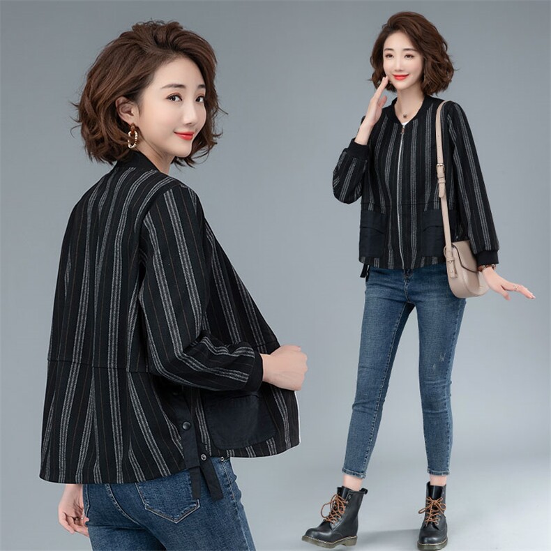 2021春秋季时尚文艺短外套条纹撞色拼接宽松休闲百搭舒适女,女装短外套,余墨