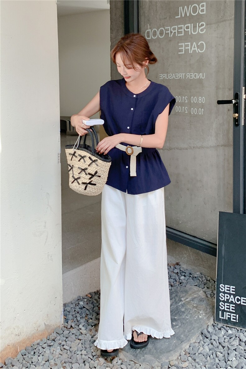 法式小飞袖腰带衬衫女2025夏新款设计感气质显瘦休闲阔腿裤两件套,女装套装/套裙,秋水欣儿