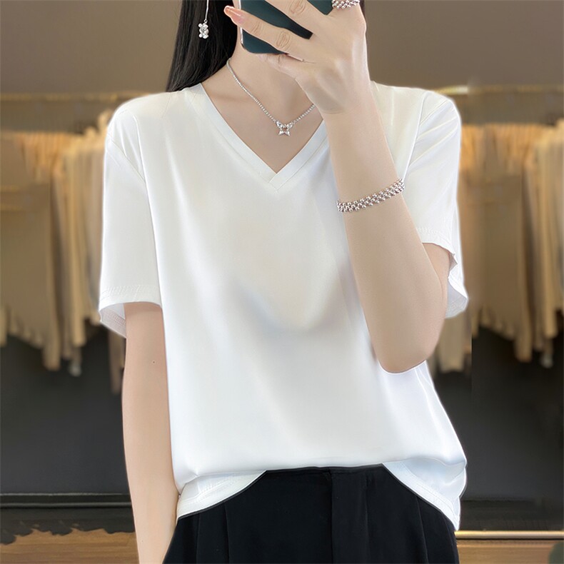 缎面短袖上衣女夏2024新款潮宽松时尚气质纯色衬衫,女装衬衫,绒宛羊绒