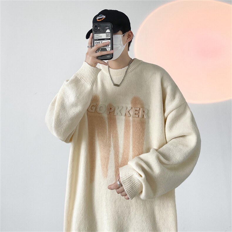 字母慵懒风软糯毛衣男秋冬季加厚美式复古oversize线衣潮流针织衫,男装针织衫/毛衣,电商A141