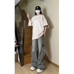 港风大码街头潮流百搭男女圆领短袖T恤五分袖 XZ213-T065-P35控48图片