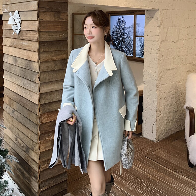 蓝色撞色毛呢外套女冬2025新款高级设计感收腰显瘦中长款呢子大衣,女装双面呢大衣,浙宝193A