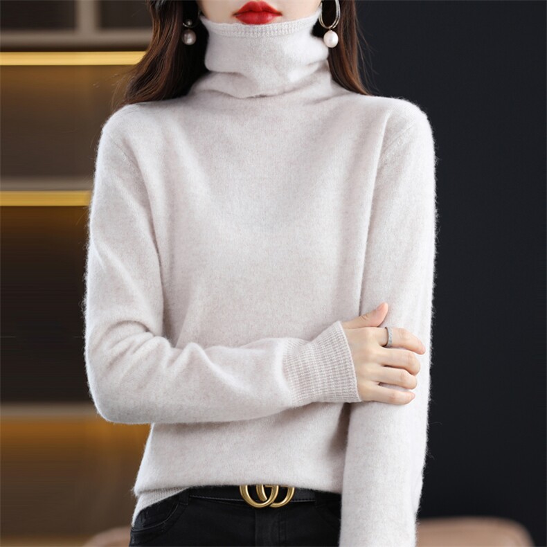 时尚简约100%山羊绒衫女高翻领加厚宽松显瘦针织打底衫毛衣内搭，女装羊毛衫，邓利维