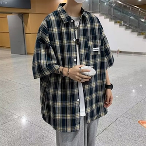 夏季宽松休闲短袖衬衫男款日系潮牌ins格子衬衫外套C87-P36图片