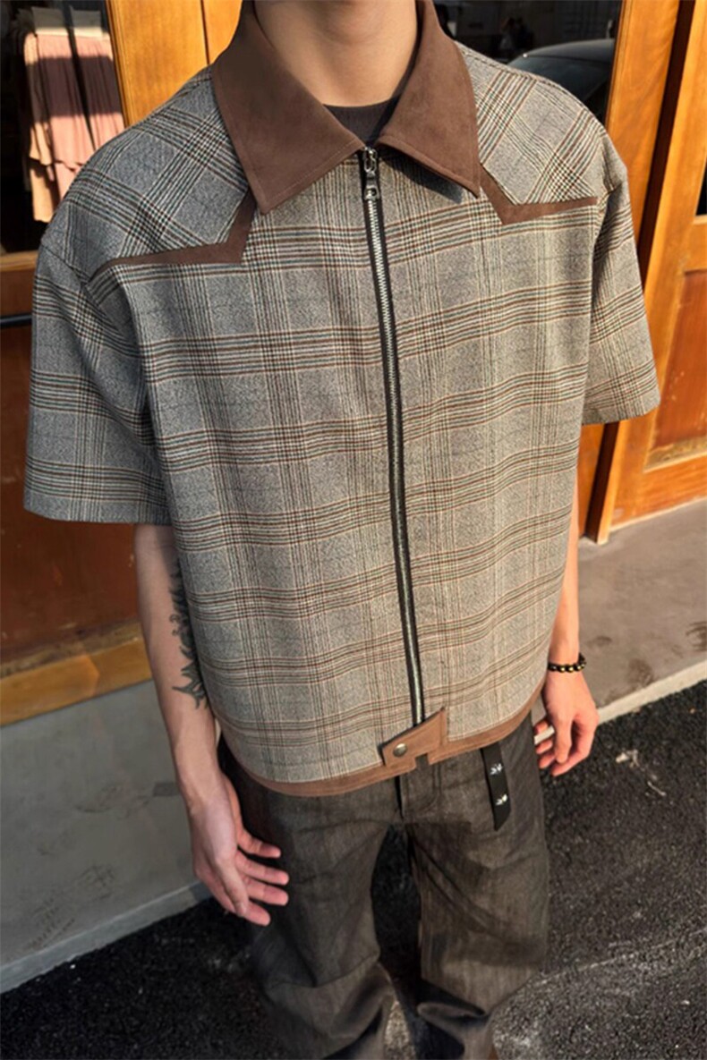 自制~高品质千鸟格拼皮领解构短袖休闲衬衫CS7798P55,男装T恤,星座908