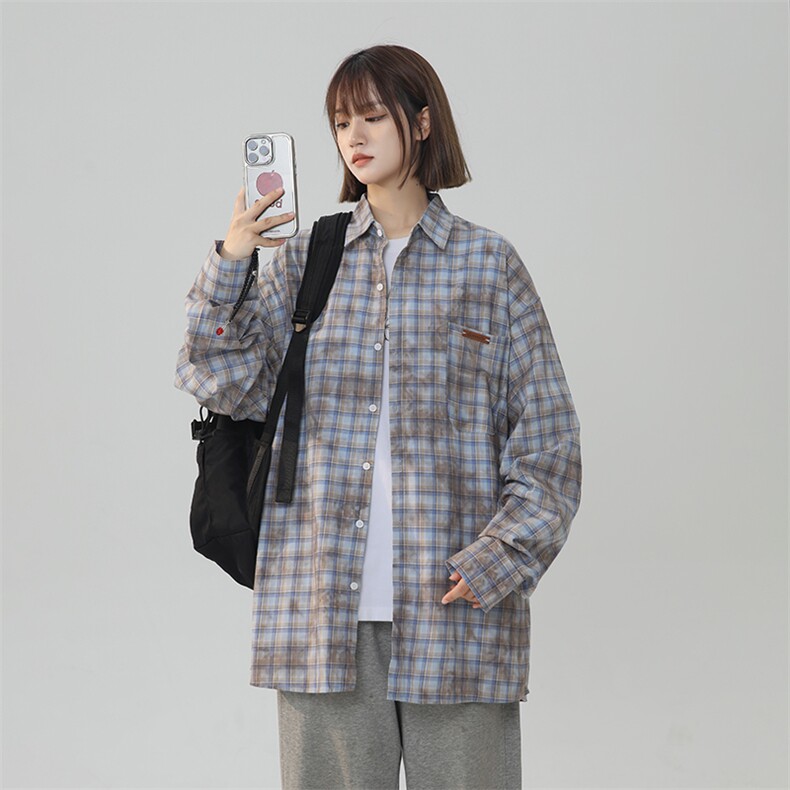 潮情侣美式晕染撞色格子衬衫宽松长袖XZ225-3-CS10-P40控69,男装衬衫,星座225-3