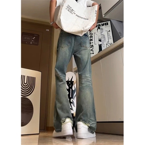 美式高街vibe重工艺做旧水洗hiphop喇叭牛仔裤货号K2402P60图片