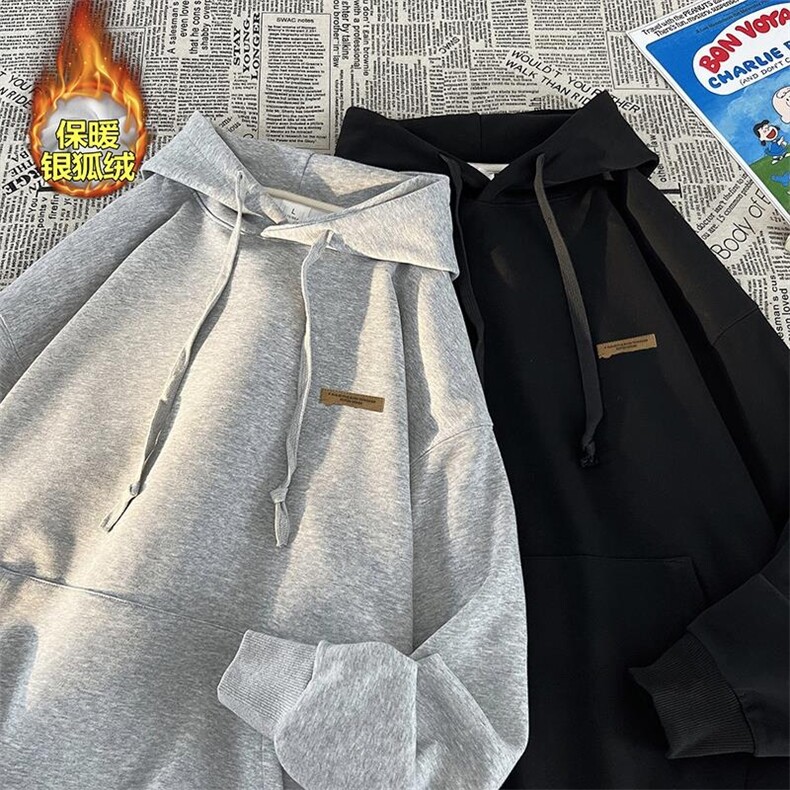 特P48无差价复古银狐绒连帽卫衣男320克重磅高克重华棉W414J加绒,男装卫衣,电商A001