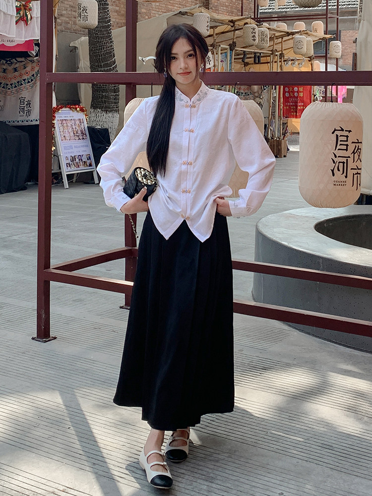 优雅新中式立领提花衬衫修身显瘦长袖上衣搭配高腰马面裙,女装衬衫,诺蝶