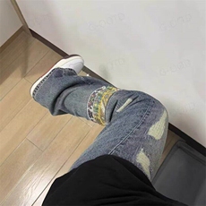 美式高街cleanfit拼接牛仔裤男女微喇破洞裤修身直筒裤LA0933-P54，男装牛仔裤，星座1008