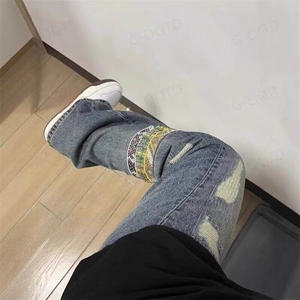 美式高街cleanfit拼接牛仔裤男女微喇破洞裤修身直筒裤LA0933-P54图片