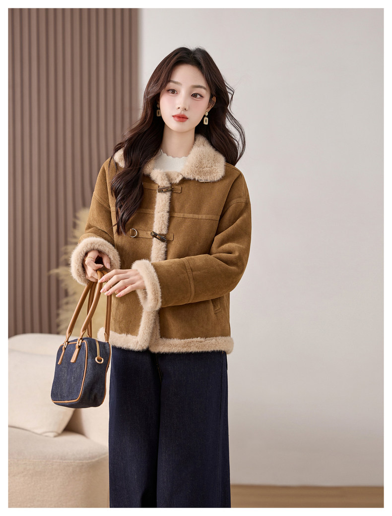 麂皮绒外套冬加厚保暖酷飒风机车服上衣,女装羊羔毛/颗粒绒,2B115