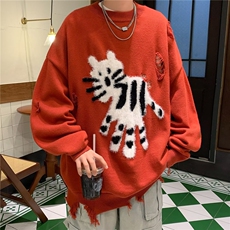 2024趣味卡通斑点花猫提花毛衣男宽松破洞慵懒风针织衫MZ750-P53，男装针织衫/毛衣，星座412-3