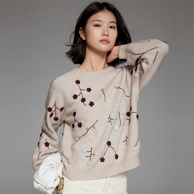 35%羊绒衫秋冬季新款舒适时尚百搭女式绣花套头,女装羊绒衫,隆秋羊绒