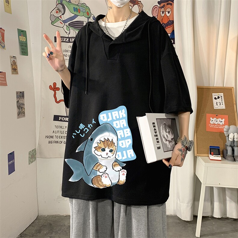 LD54217-P45连帽短袖t恤男大码胖子带帽五分袖中袖,男装T恤,电商A040