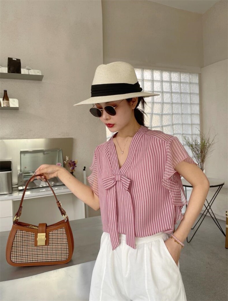 【夏季新款】木耳边条纹短袖上衣，其它，艾绮雪影