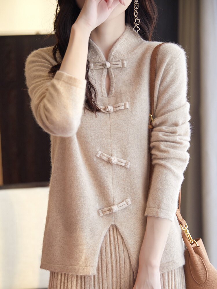 2025年秋季通勤单件长袖七针盘扣前开叉长袖，女装羊毛衫，三莲羊绒