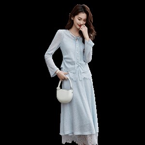 现货2026年春季新款女时尚气质优雅风通用蕾丝拼接两件套装连衣裙，女装套装/套裙，奋斗女王