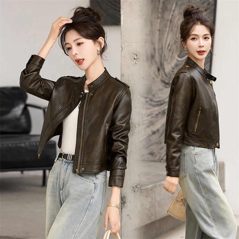 复古短款皮衣外套女2025春秋新款小个子修身洋气减龄百搭夹克上衣，女装皮衣，臻衣坊
