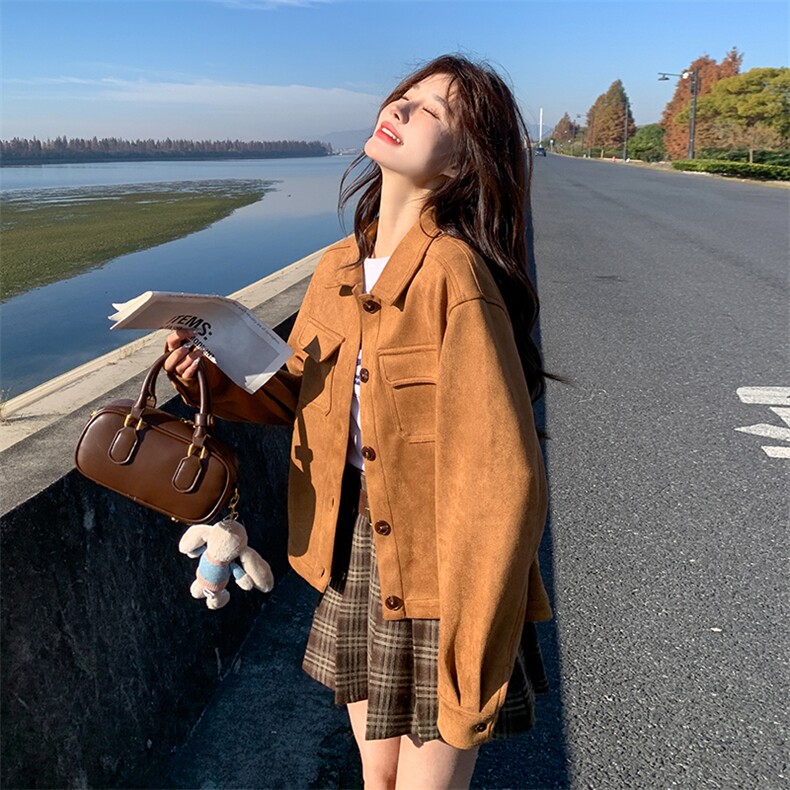小个子开春外套女短款2025新款今年流行又a又飒麂皮绒机车服夹克图片