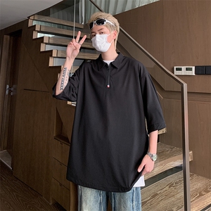 PL9053/P35冰丝短袖POLO衫男夏季宽松纯色上衣美式潮牌半拉链t恤图片