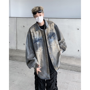 F363 P68男生秋装新中式潮牛仔外套男复古宽松水洗做旧图片