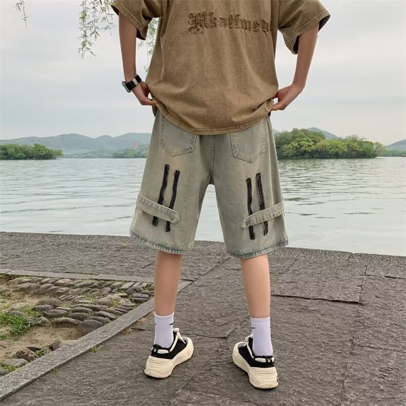夏季美式复古黄泥色牛仔短裤男五分裤潮牌设计感拉链裤DK0152-P38,男装牛仔裤,星座308B-1