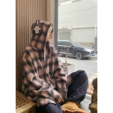 连帽格子衬衫男春秋高街慵懒设计感港风复古宽松春秋大码衬衣外套，男装衬衫，电商D232