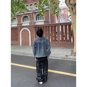 美式时髦复古宽松水洗磨破重工牛仔外套春秋百搭设计感夹克上衣图片