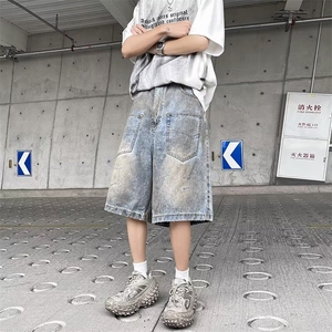 牛仔短裤男夏季美式复古潮流水洗直筒裤子高街vibe痞帅休闲五分裤图片