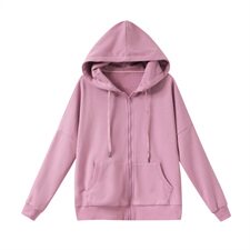 女士拉链纯棉上衣2021春秋季新款连帽纯色抽绳全棉通勤短款外套，女装短外套，伊满意