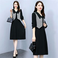 现货52023春季新款气质时尚百褶马夹两件套连衣裙，女装连衣裙，蓝诺裳