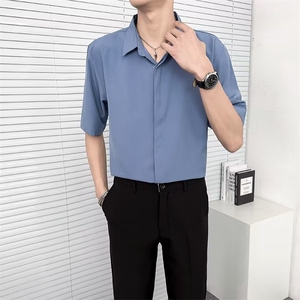 冰丝短袖衬衫男夏季高级垂感坠感暗扣休闲寸衫大码五分袖衬衣 D7图片