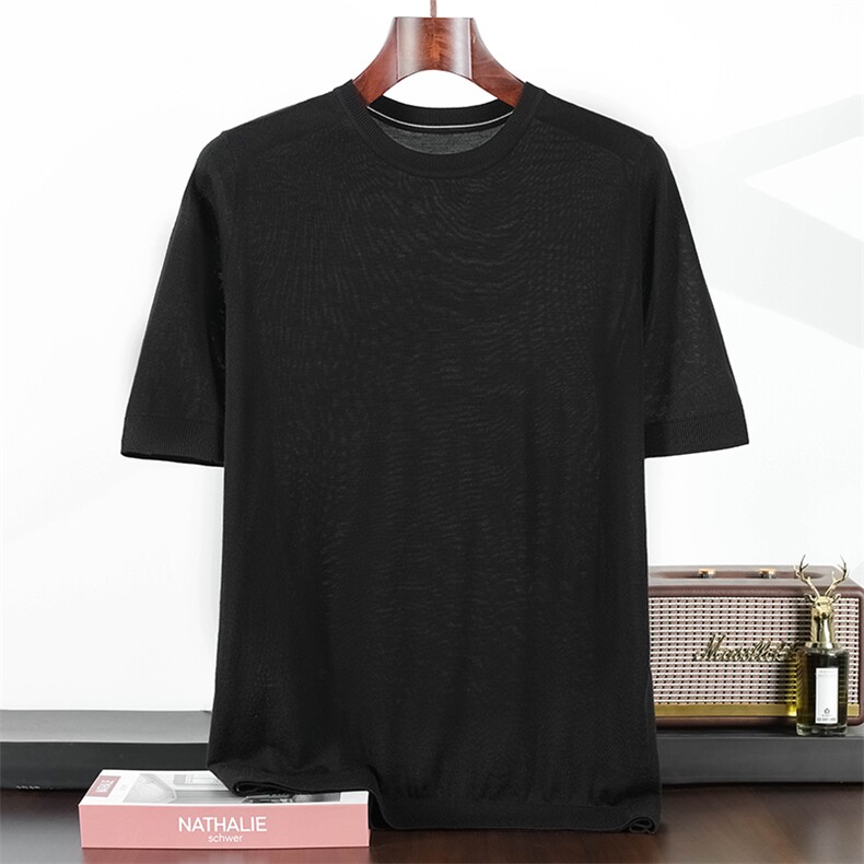 夏季新款男士圆领色道精纺羊毛短袖显瘦时尚针织上衣，男装T恤，鹿一羊绒