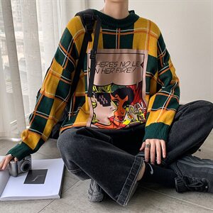 秋冬韩版漫画贴布潮流情侣毛衣复古格宽松套头针织衫QT810-P80图片